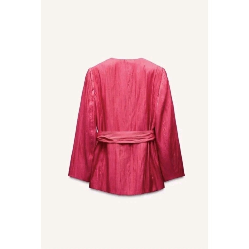 Zara Shiny Satin Wrinkle Effect Belted Shoulder Pad Blazer Fushia Size M NWT - Picture 9 of 10